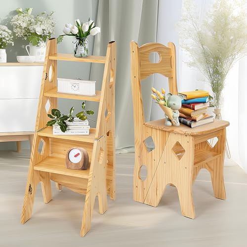 DFENG Bibliotheksstuhl Tritthocker Klappbar 4 Stufen Holzhocker bis 180 kg | Faltbar Holzstuhl Klappstuhl Stuhl Aus Massivholz Kletterstufen Ausstellungsständer Blumenständer (Holz, 46x34x87CM)