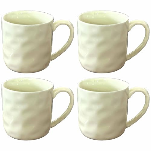 AiXception Geometric Line Relief Ceramic Mugs Set of 4, 320ml Stoneware Coffee Tea Cups, Yellow Red (Red)