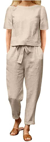 Two Piece Outfits Women Summer Tracksuits Linen Lounge Wear Sets Ladies Co Ords Round Neck Short Sleeve Tops and Trousers 2 Piece Jogger Outfit Casual Suit Vacation Travel Outfits Holiday Clothes