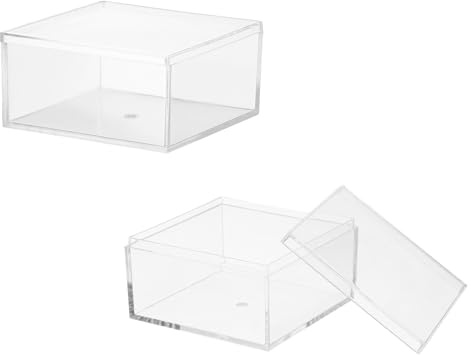 YELARXI Acrylic Box with Lid, 2.95 x 2.95 x 1.57 in Acrylic Display Case Plastic Square Cube Container Storage Holder Stackable Bins for Cosmetic Collectible Candy Jewelry(2 Pack, Clear)