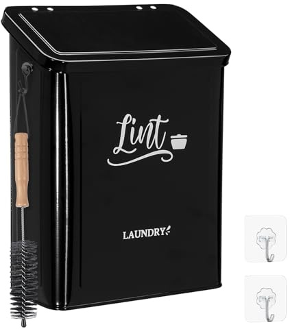 CINPIUK Magnetic Lint Bin for Laundry Room with Brush & Hook - Large Laundry Organizer and Storage, Wall Mounted Trash Can with Lid, Space-Saving Dryer Lint Holder Laundry Room Decor, Black