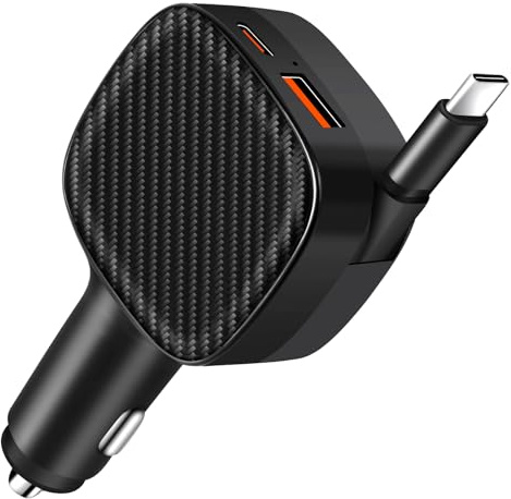 Oridolly 85W Cargador Coche Carga Rápida, 3 en 1 Retráctil Cargador Mechero Coche USB C con 70CM Cable Retractil y Puertos USB, Compacto Car Charger Compatible iPhone/iPad/Galaxy/Android