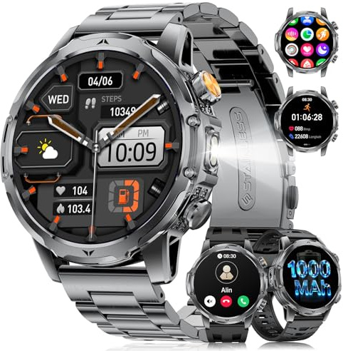 2026 Smartwatch Herren Militär-1,53‘’ IPS HD Display/1000mAh Akku/LED-Lampe/Stress,IP68 Wasserdicht Fitnessuhr Herren mit 120+ Sportmodi,24/7-Herzfrequenz/SpO2/Schlafmonitor,für Android iOS,3 Bänder
