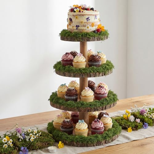 Wenqik 4 Tier Wooden Rustic Cupcake Stand 17 Inch Natural Wood Display Tower Tiered Tray with 7 oz Fake Green Moss Faux Moss for Wedding Birthday Party Farmhouse Dessert Garden Table Centerpiece