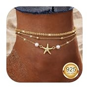 ADRAMATA 925 sterling silver ankelsmycke för kvinnor – hjärta och sjöstjärna design skiktad ankelrem justerbar solsemester smycken – guld/silver