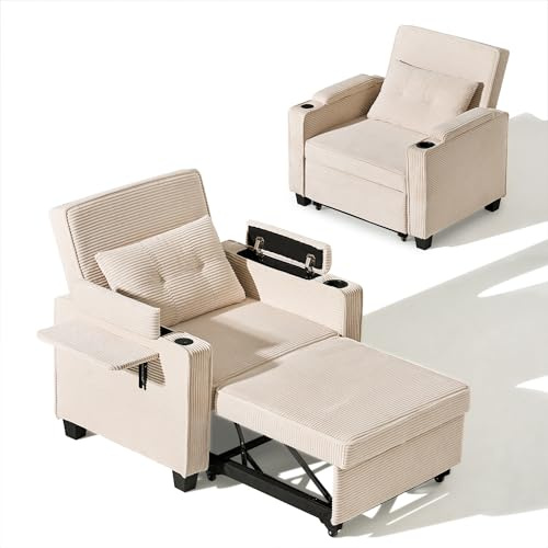 CLIPOP Schlafsofa, 3-in-1 Schlafsessel mit Bettfunktion, Ausziehbarer Sofa mit Schlaffunktion mit USB-C, 3-stufig Verstellbarer Rückenlehne (105°-160°), Stauraum & Getränkehalter (Cord, Beige)