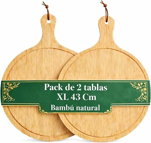 Pack 2 Tablas de Pizza Bambú 43 cm XL – Tabla Redonda para Cortar, Servir Pizza, Quesos y Aperitivos – Tabla de Madera Natural con Asa – Bandeja Decorativa Cocina Resistente