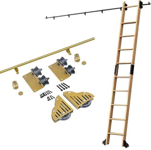 Kit de riel de escalera rodante móvil - herrajes para riel colgante de biblioteca para sala de estar/cocina/enfriador de vinos - Juego completo de riel dorado(sin escaleras)(244cm Kit de pista)