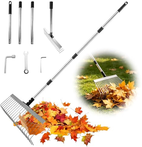 Rechen Garten 53–160cm Verstellbar, Laubrechen mit Ergonomischem Griff | Edelstahl Gartenrechen mit 21 Zinken, 40cm Metall Rechenkopf, Rasenrechen & Laubsammler für Laub, Rasen, Hof, Sträucher