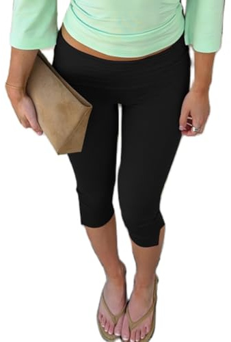 BABWWNIX Y2k Fold Over Capri Pants for Women Elastic Low Waist Knee Length Stretch Yoga Pants Slim Fit Going Out Crop Trouser