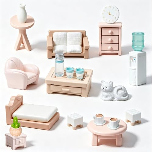 Xerteam 20 Teilige Möbel Miniatur Zubehör, 1:12 Mini Puppenhaus Zubehör Spielmöbel mit Möbel wie EIN kleines Bett, EIN Schrank, EIN Sofa, EIN Tisch und EIN, Puppenhaus Möbel für Kinder Geschenke
