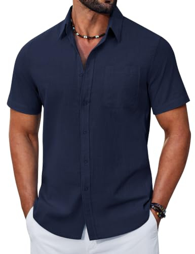 COOFANDY Camicia Uomo a Maniche Corte in Cotone Estiva Regular Fit Camicie Casual con Tasche Blu Navy XL