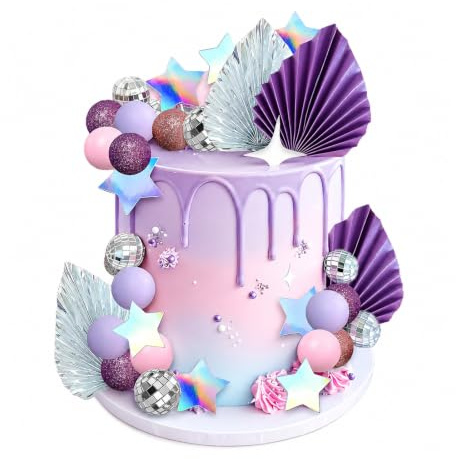 41PCS Disco Purple Ball Cake Topper Palm Leaves Star Music Cake Decorations,Cake Balls Decoration, Cake Balloons, Palm Leaves Cupcake Toppers for Wedding Party Anniversary(Purple)