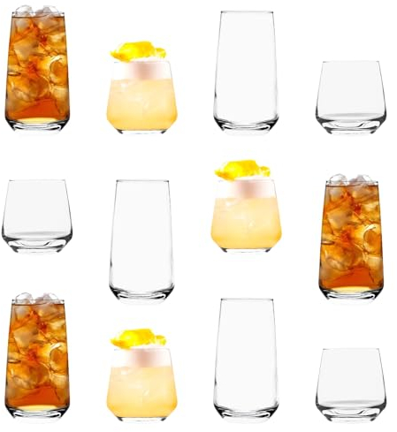 Argon Tableware 12 Piece Glassware Set - 345ml & 480ml - Tallo Collection - Whiskey Cups Tumbler Glasses Dishwasher Safe Large Highball Glass Modern Hiball Water Drinking Glasses