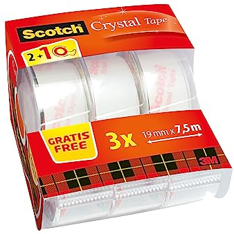 Scotch Crystal Klebeband, 19 mm x 7.5 m, 2 Rollen und 1 GRATIS und Handabroller - Allzweck-Klebeband für die Reparatur, Verschließen von Dokumenten
