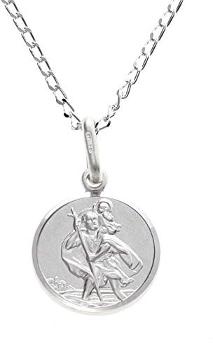 Alexander Castle Kid's Small Reversible 925 Sterling Silver St Christopher Pendant Necklace - 12mm with 16 Sterling Silver Chain & Jewellery Gift Box - Gift for Christening