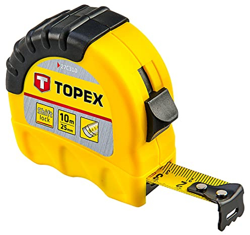 TOPEX Stahlbandmaß 10 m x 25 mm, Robustes Maßband mit Feststellmechanismus | Stoßgedämpftem Rücklauf, Rutschfestem Gehäuse & MID-Zertifizierung