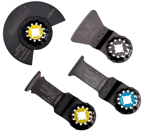 metabo Multitool Innenausbau-Set, 4-tlg. Zubehör-Set, Starlock Aufnahme | Zubehör für Bodenarbeiten, inklusive Tauchsägeblatt Holz und Metall, Segmentsägeblatt sowie Schaber, Artikel 626420000