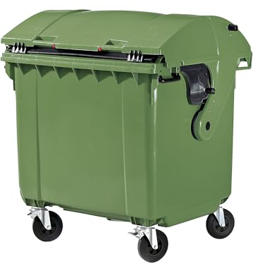 kaiserkraft | Müllcontainer aus Kunststoff | DIN EN 840 | Volumen 1100 l | BxHxT 1360 x 1465 x 1100 mm | Schiebedeckel | Kindersicherung | grün