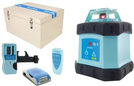 hedue® Rotationslaser Q1 - ( Laser Nivelliergerät mit rotem Laserstrahl, Arbeitsbereich 500m, Baulaser selbstnivellierend mit Laserempfänger E2, im Holzkoffer)
