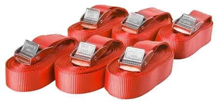 Sandax 6X Spanngurte mit Klemmschloss im Set, 5m lang, 25mm breit, rot, Zurrgurte mit Klemmverschluss kurz, belastbar bis 250kg, DIN EN 12195-2, Einteilige Befestigungsgurte Klemmschlossgurte