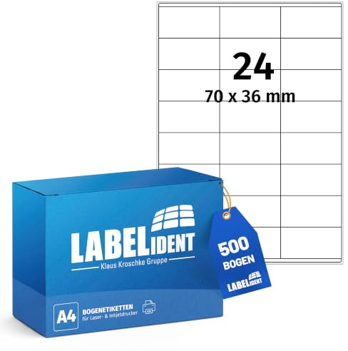 Labelident Adressaufkleber 70 x 36 mm weiß - 24 Etiketten pro A4-Bogen - 12.000 Etiketten (500 DIN A4 Bögen) geeignet für Laser- & Inkjetdrucker