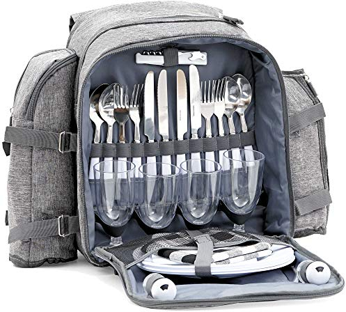 CampFeuer Picknickrucksack für 4 Personen | Picknickset 32-teilig | grau | mit Flaschenhalter, Picknickdecke, großem Kühlfach, Geschirr und Besteck | Rucksack mit Campinggeschirr, Picknickset