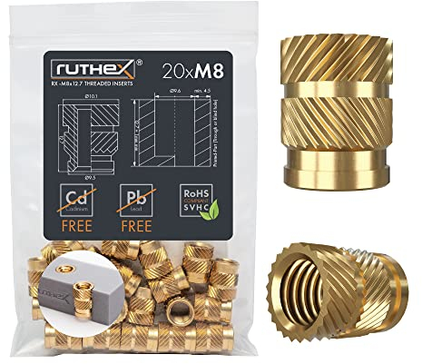 ruthex Inserto roscado M8 – 20 casquillos roscados de latón RX- M8x12.7 – tuerca de inserción para piezas plásticas – tuercas moleteadas para embutir en piezas de impresora 3D por calor o ultrasonidos