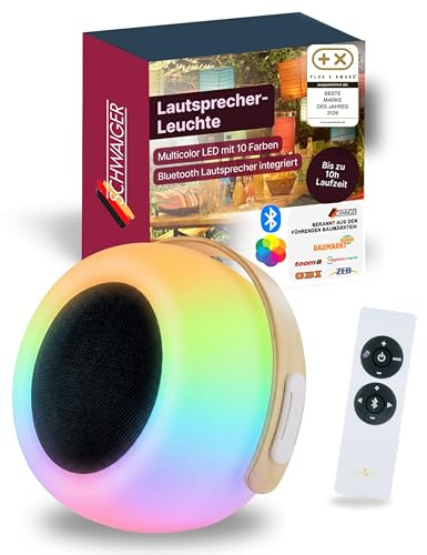 SCHWAIGER Lautsprecher-Leuchte I LED Tischlampe mit Bluetooth Lautsprecher I tragbare Akku Lampe mit 10 W Bluetooth-Box I Multicolor LED mit 10 Farben & 4 Lichtmodi I IP44 geschützt