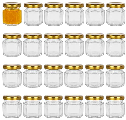 Yishik 24 Pack 1.5 oz Hexagonal Glass Jam Jars with Gold Screw Lids, 45ml Storage Jars for Jams, Fruits, Nuts, Spices, Jellies, Food Storage & Handmade desserts