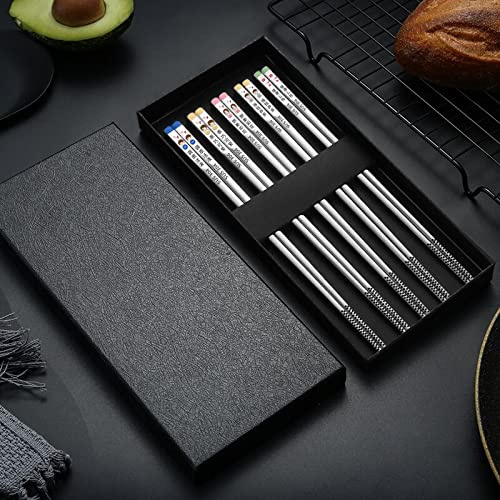 GYYJW Metal Chopsticks Reusable 304 Tainless Steel Chopsticks Safe Chop Sticks Cute Laser Engraved Non-slip Japanese Korean Chopstick for Cooking Eating