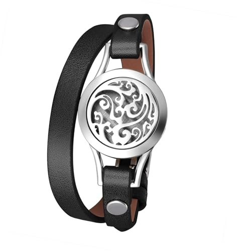Flongo Aromatherapie Lederarmband Damen-Armband, Leder Armband Armreif Aroma Locket Diffuser Duftstofflocket mit Farbigen Filz-Pads ätherisches Öl Diffusor für Frauen