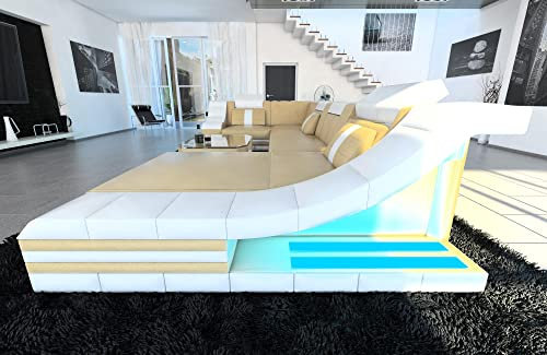 Sofa Dreams Wohnlandschaft Turino U Form Ledersofa - mit LED Beleuchtung, verstellbare Kopfstützen, Recamiere/Lederfarben wählbar/Ausrichtung wählbar (Ottomane rechts, Sandbeige-Weiß)