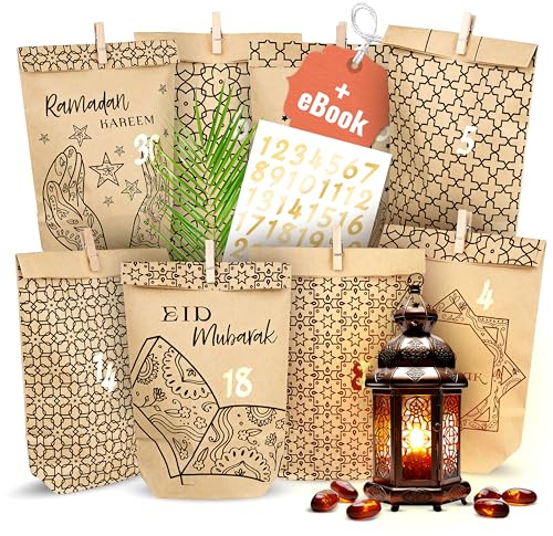 AMARI ® Ramadan Tüten (30 Tüten inklusive Sticker & Klammern) - Ramadankalender zum Befüllen - Ramadan Kalender Tüten - Ramadan Kalender Bastelset