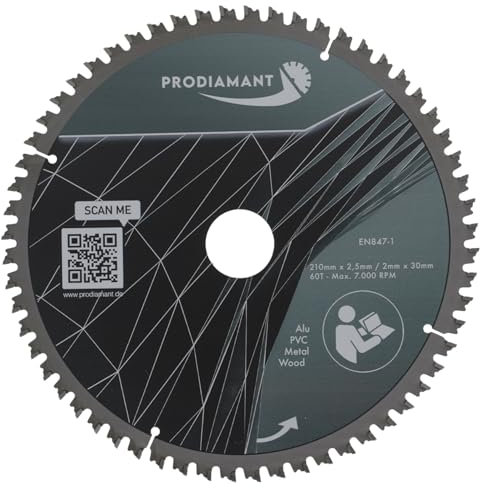 PRODIAMANT Multi Sägeblatt 210 x 30 mm Hartmetallsägeblatt für Holz, Alu, Kunstoff und Laminat mit HM TCT Zähnen für Tischsäge Kappsäge und Kreissäge