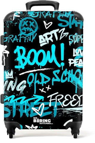 NoBoringSuitcases© Reisekoffer, Koffer Groß, Hartschalenkoffer Groß, TSA, | 72 L - Reisekoffer mit Rollen Groß, Koffer Mittelgroß 4 Rollen Leicht, Koffer Mittelgroß (Blaues Graffiti - Schwarz, 67 cm