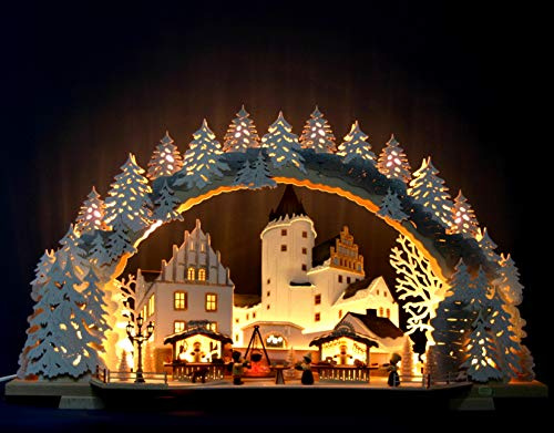 Tietze Erzgebirgsdesign LED Schwibbogen Weihnachtsmarkt am Schloß verschneit, 72cm - inklusive Aufsetzelemente - Feine Handwerkskunst aus dem Erzgebirge, 3926f