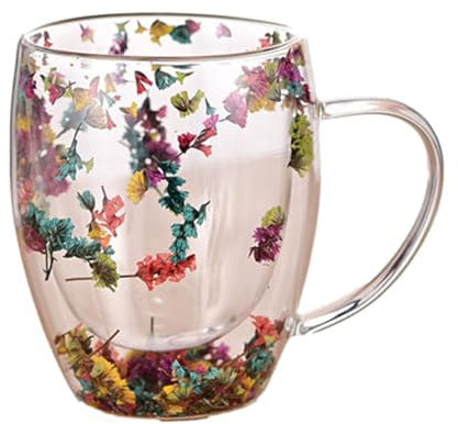 Pesoncarl Double Walled Coffee Mug 350ml Dried Flower Glass Coffee Mugs, Clear Coffee Mug Creative Glass Mugs with Handles, Clear Coffee Cups for Juice Tea Coffee, Flower