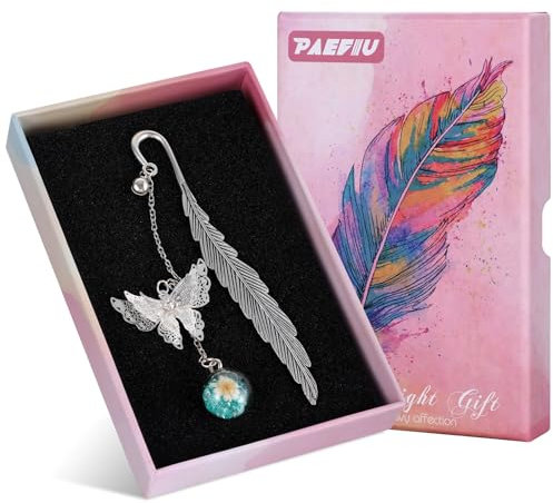 Lesezeichen Weihnachten, Lesezeichen Metall Feder Bookmark mit Schmetterling-Anhänger Weihnachtsgeschenke für Kinder Lehrer Freunde Booklover Geburtstag mit Geschenkbox