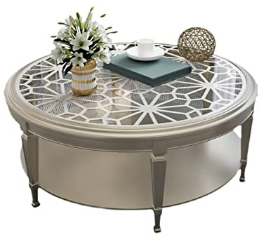HIARAN Beistelltisch, Couchtisch aus Glas, rund, Holzschnitzerei, hohler Teetisch, Kleiner Apartmenttisch, Leichter, luxuriöser, moderner Teetisch, Kleiner Couchtisch (A, 80 x 80 x 48 cm) Lucky Star