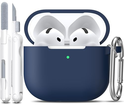 R-fun för AirPods 4 fodral mjukt silikonskydd, midnattsblå | Kompatibel med Apple AirPods 4:e generationen med karbinhake och rengöringssats, trådlös laddning kompatibel