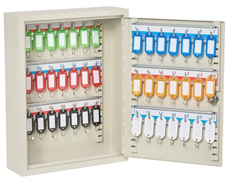 The Workplace Depot Lockable Key Cabinet -White Heavy Duty Steel Wall Mounted Key Lock Safe with Key Hooks & Coloured Key Tags for Home, Office, Garage & Warehouses(42 Key Capacity)