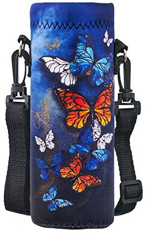 Mibbxea 750ML Wasserflasche Tragetasche,Umhängetasche für Flaschen,Neopren Flaschenkühler mit Tragegurt für Männer Frauen Reisen,Radfahren,Wandern,Fitnessstudio,Laufen,Camping (Schmetterling)