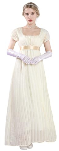 CR ROLECOS Vestido de regencia para mujer, vestido victoriano, vestido medieval de cintura alta, retro, falda larga con 2 bandas, amarillo claro, L