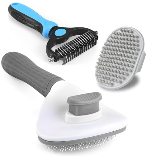 Kwispel 3PCS Dog Grooming Brush - Dog Brush for Shedding Massaging Bathing - Double Sided Shedding, Dematting Undercoat Rake - Self Cleaning Slicker Comb for Dogs and Cats with Long or Short Coats