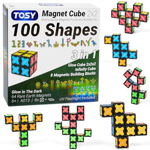 TOSY Magnet Cube 2x2-8 Blocks, 2 in 1 Toy: 2x2x2 Puzzle Cube and Customizable Infinity Cube, Glowing, UV Flashlight, Fidget/Sensory/STEM/STEAM Magnet Tiles Birthday Gift for kids/teens/adults