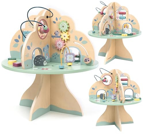 mamabrum Table d'apprentissage en Bois, Arbre Multifonctionnel avec Boucle de Moteur, Trieur Formes, Abaque, Horloge - Jouet Éducatif 12m+ pour Développement Sensoriel