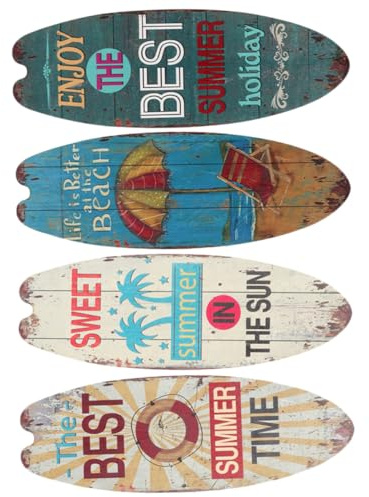 GRIRIW Surfbrett Holzschild 45x16 Zoll Strandhaus Dekoration 4 Stück mit Surfer Motiven für Outdoor Garten Sommerparty