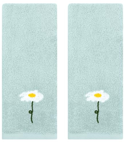 HMETOL Cotton Absorbent Decorative Floral Pattern Hand Towel Set | Bathroom, kitchen, gym. Quick water absorption. Reinforced edges prevent fraying. Blue Pack of 2