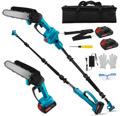 2-in-1 Akku Teleskop Hochentaster 6 Zoll & Mini Kettensäge mit 2×2000mAh Akku, Bürstenloser Motor, Teleskop Elektro Hochentaster, Kompakte Hochentaster zum Baum und Heckenschneiden